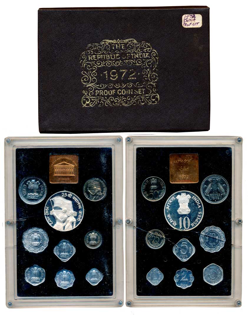 1972, Proof set of 9, Rupees 10 &amp; 1 &amp; Paisa 50, 25, 10, 5, 3, 2 &amp; 1, with Mint