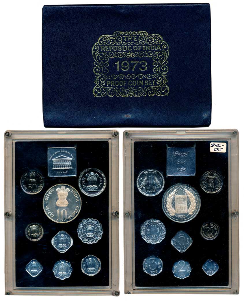 1973, Proof set of 10, Rupees 50, 10 & 1, Paisa 50, 25, 10, 5, 3, 2, & 1, with mint emblem