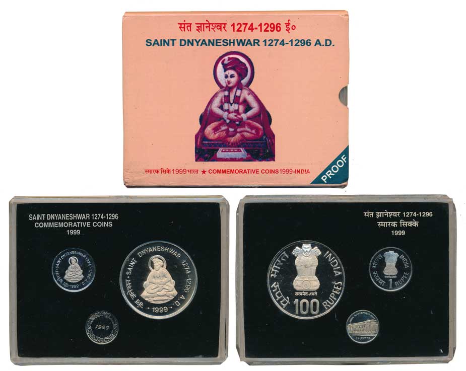 1999, Proof set of 2, Rupees 100 & 1, “Saint Dnyaneshwar”, Kolkata Mint, with Mint emblem 
