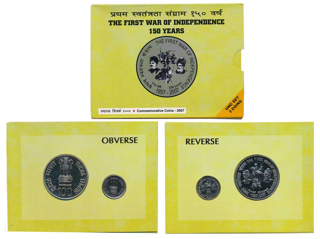 2007, Uncirculated set of 2, Rupees 100 & 5, “The First War of Independence 150 Years”, Mu