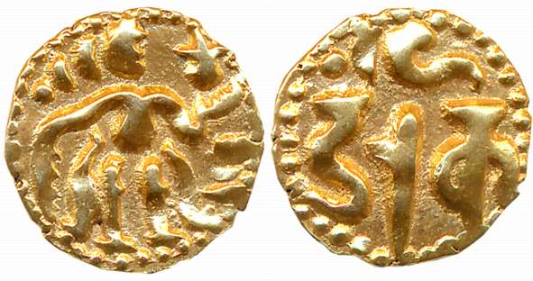 Ceylon Chola, Gold Fanam, 0.52g, Obv: King standing facing to right, holding sankh and alt
