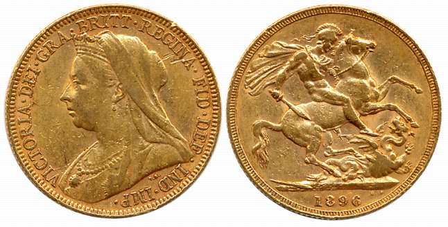 Australia, Victoria, Gold Sovereign, 7.97g, 1896, Perth Mint, Obv: Older crowned and veile