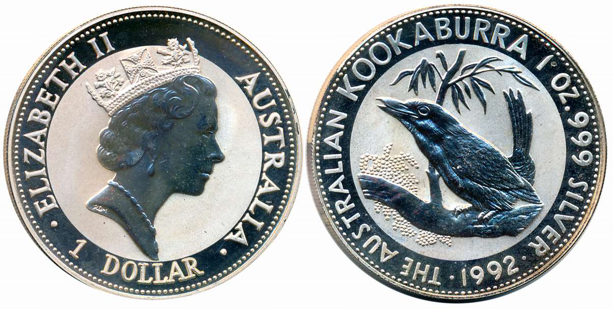 Australia, Elizabeth II, Proof, Silver 1 Dollar, 31.79g, 1992, “Kookaburra”, Obv: Queen El