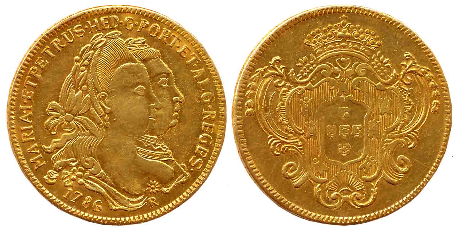 Brazil, Maria I and Pedro III, Gold 6400 Reis, 14.60g, 1786, Rio de Janeiro Mint, Obv: Con