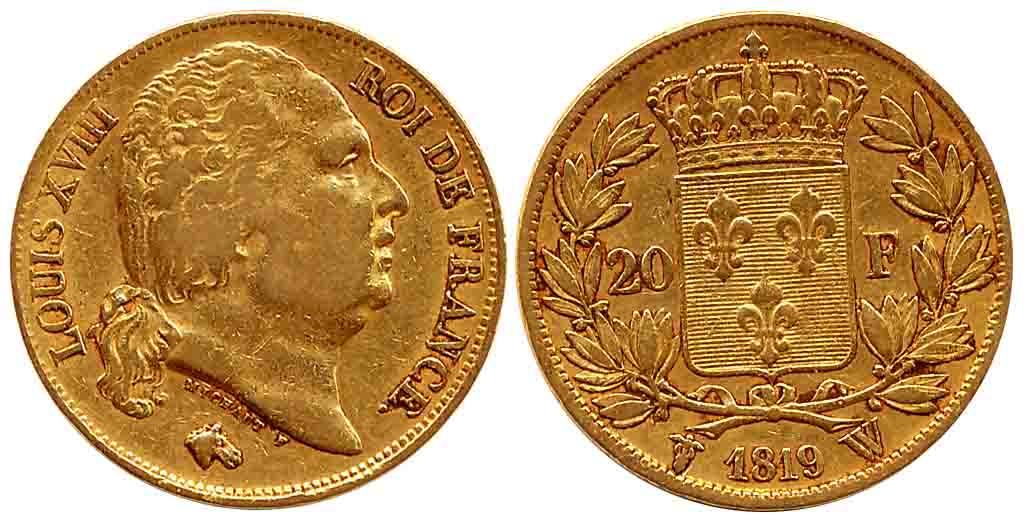 France, Louis XVIII, Gold 20 Francs, 6.38g, Lille Mint, Obv: Naked head of Louis XVIII tur