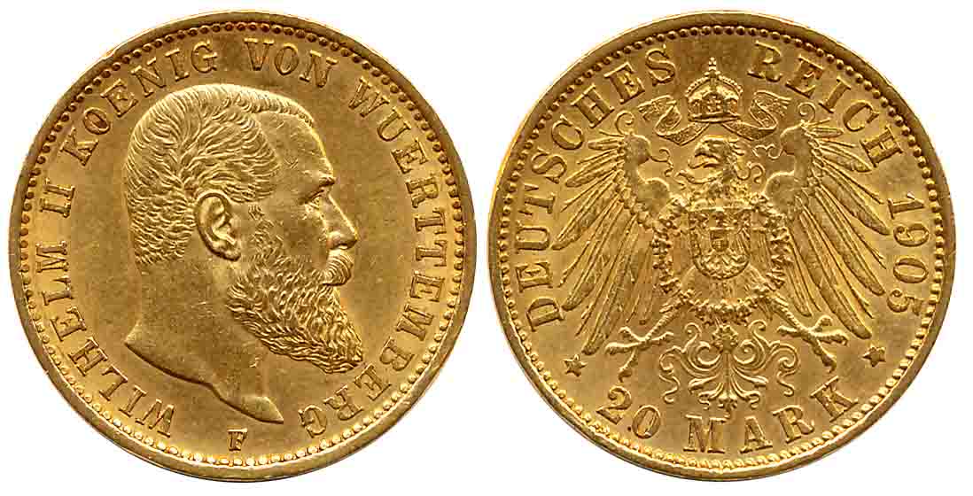 Germany, William II, Gold 20 Marks, 7.95g, Stuttgart Mint, 1905, Obv: Bust of Wilhelm II o