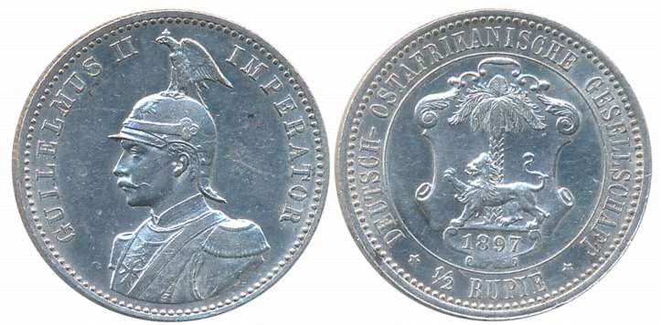 German East Africa, Wilhelm II, Silver 1/2 Rupie, 5.83g,1897, Berlin Mint, Obv: Wilhelm II