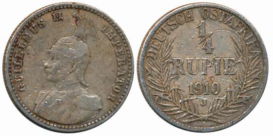 German East Africa, Wilhelm II, Silver 1/4 Rupee, 2.86g, Obv: Wilhelm II facing left, Rev: