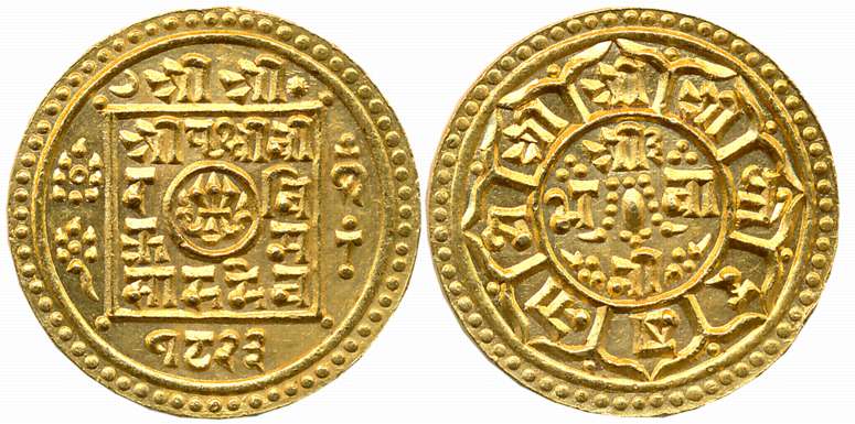 Nepal, Prithvi Bir Bikram, Gold Mohur, 12.39g, SE 1823, Obv: Legend within square & date b