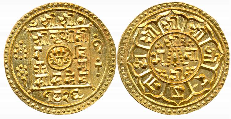 Nepal, Prithvi Bir Bikram, Gold Mohur, 12.34g, SE 1826, Obv: Legend within square & date b