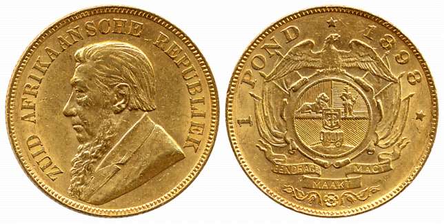 South Africa Republic, Gold 1 Kruger Pond, 8.00g, Pretoria Mint, 1898, Obv: Bearded bust o