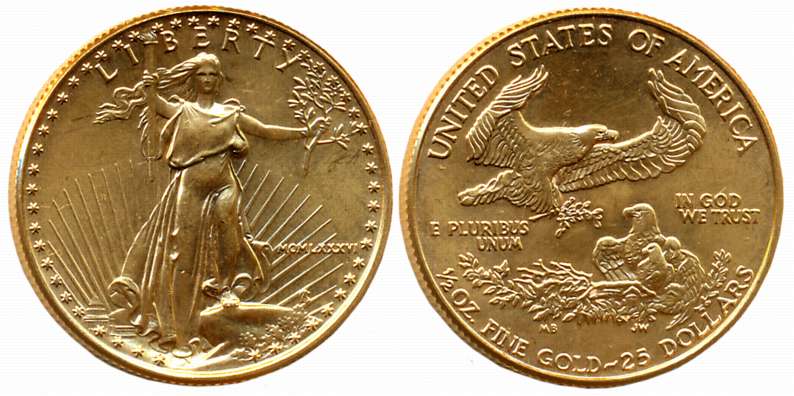 United States of America, Gold 25 Doller, 16.96g, 1986, Obv: An effigy of Liberty with the