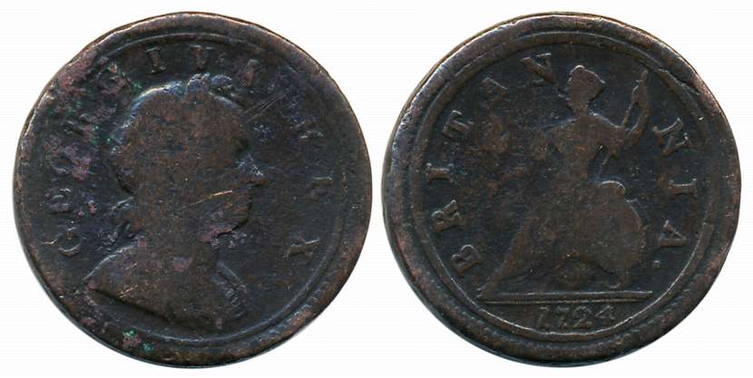 United Kingdom, George I, Copper 1/2 Penny, 8.70g,1724, Royal Mint, Obv: Laureate and cuir