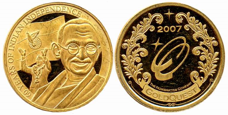 Mahatma Gandhi, Gold Token, 5.98g, 2007, “60 Years of Indian Independence”, Obv: depicting