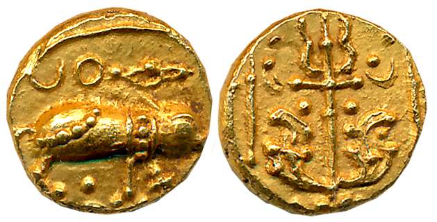 Chalukyas of Badami, Gold Varaha- Gadyana, 3.90g, Uninscribed, “Varaha- Boar” type, Obv: C
