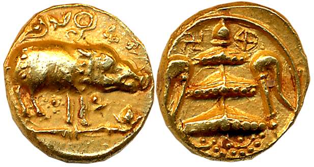 Chalukyas of Badami, Gold Varaha- Gadyana, 3.81g, “Varaha- Boar” type, Obv: Caparisoned Va