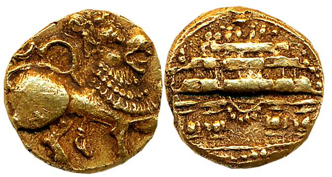 Chalukyas of Badami, Gold Varaha- Gadyana, 3.85g, “Lion” type, Obv: Majestic maned Lion st