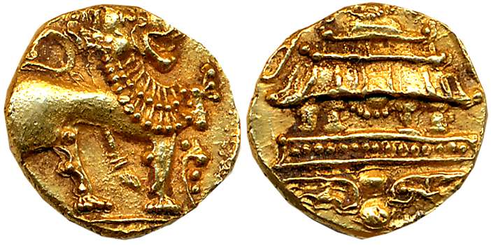Chalukyas of Badami, Gold Varaha- Gadyana, 3.81g, “Lion” type, Obv: Majestic maned Lion st