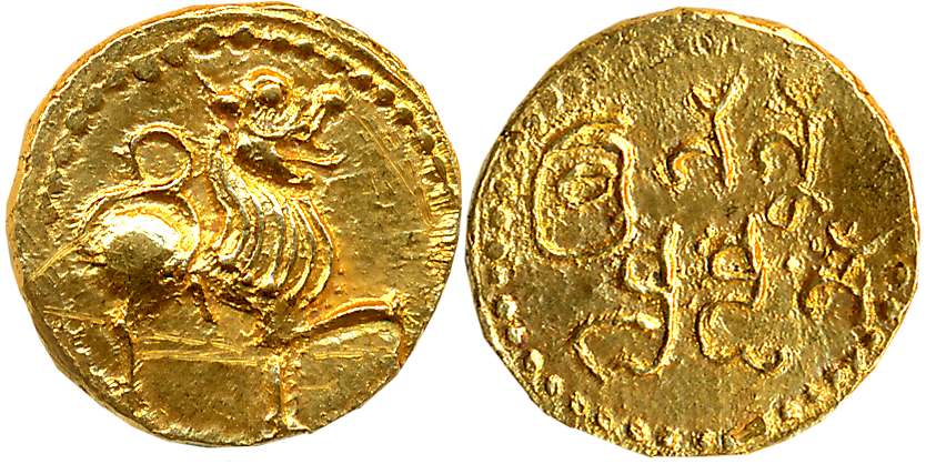 Rashtrakutas, Govinda IV, Gold Varaha- Gadyana, 4.36g, “Lion” type, Obv: “Lion with tail c