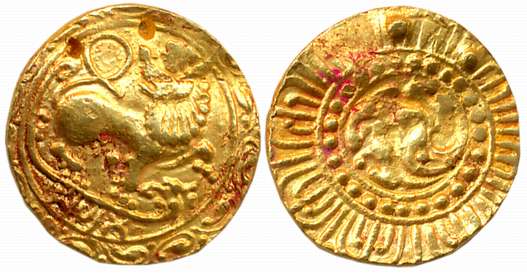 Kadambas of Hangal, Gold Gadyana, 4.28g, Obv: Lion advancing right with its head turned ba