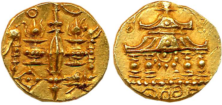 Chalukyas of Kalyani, Anonymous, Gold Gadyana, 3.84g, Obv: Gada (Mace) flanked by Poornaku