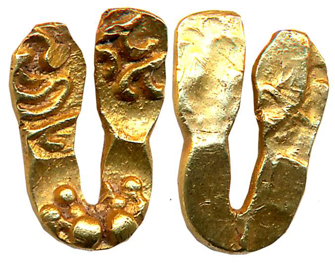 Chalukyas of Kalyani, Anonymous, Gold U-shape Fanam, 0.47g, Uniface, Left arm - Kannada le