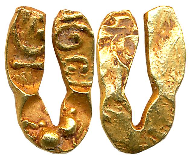 Chalukyas of Kalyani, Anonymous, Gold U-shape Fanam, 0.47g, Uniface, Left arm – unclear Ka