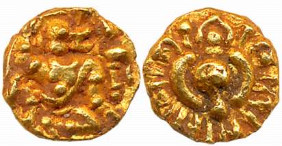 Kadambas of Hangal, Gold Heavy Fanam, 0.52g, Obv: Lord Hanuman Seated facing right, Rev: C