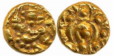 Kadambas of Hangal, Gold Heavy Fanam, 0.53g, Obv: Lord Hanuman Seated facing right, Rev: C