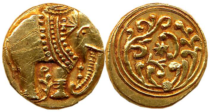Gangas of Talkadu, Gold Gadyana, 3.99g, Obv: An ornate Elephant standing to right with cha