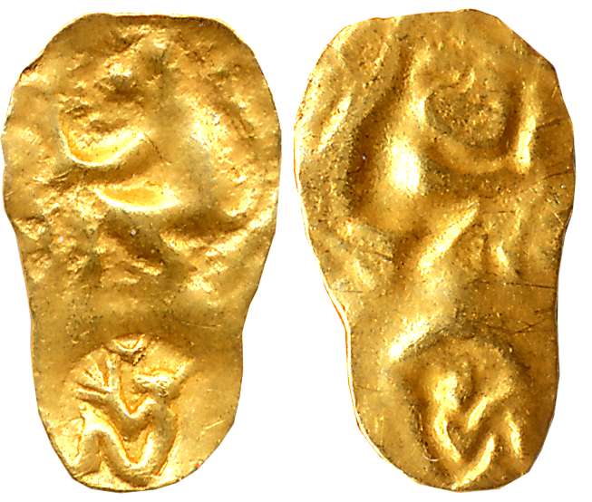 Kadambas of Hangal, Uninscribed Repousse Fabric, Gold 1/2 Fanam, 0.19g, Obv: Two punches o