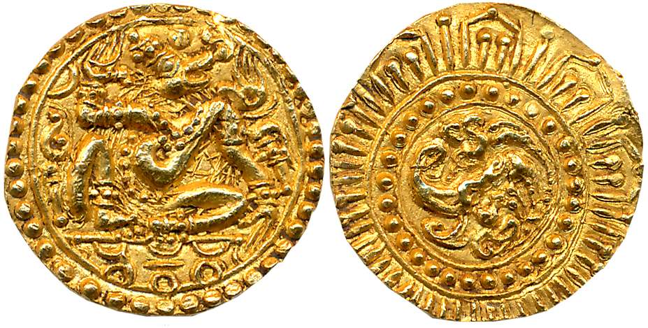 Kadambas of Hangal, Gold Gadyana, 4.23g, Obv: Lord Hanuman seated facing to right, chowris