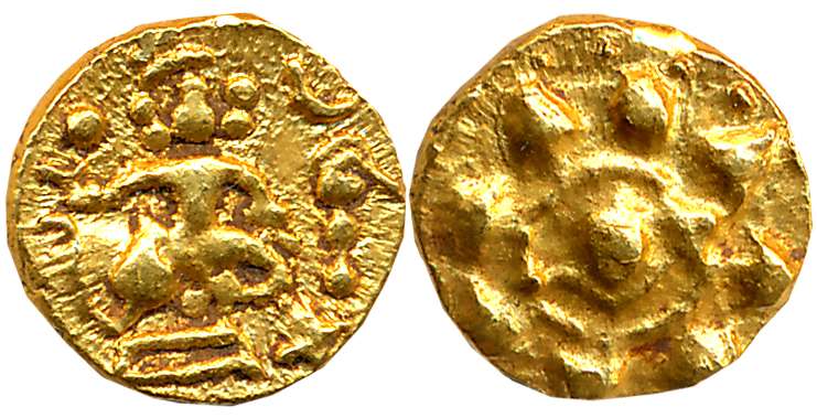 Kadambas of Hangal, Uninscribed Gold Heavy Fanam, 0.56g, Obv: Lord Hanuman seated frontal 