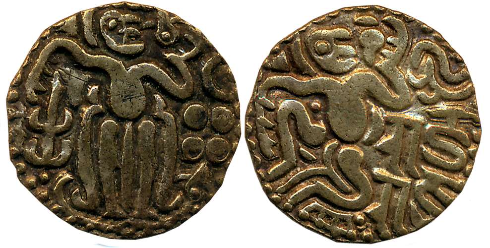 Imperial Chola, Rajraja I, Gold Kahavanu, 4.30g, Obv: King seated facing right, Devnagari 