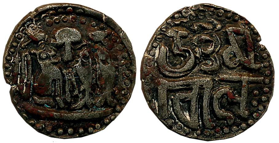 Imperial Cholas, Uttama Chola, Base Silver Kahavanu, 4.19g, Obv: Within border of dots, un