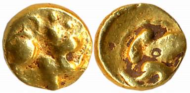 Kadambas of Goa, Gold Fanam, 0.52g, Obv: Lion to right, facing backwards, Rev: Floral scro