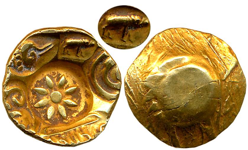 Yadavas of Devagiri, Mahadeva, Punch Marked, Gold Padma Tanka, 3.81g, “Boar” type, Uniface