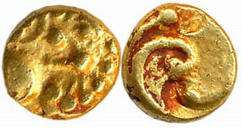 Kadambas of Goa, Gold Fanam, 0.52g, Obv: Lion to right, facing backwards, Rev: Floral scro