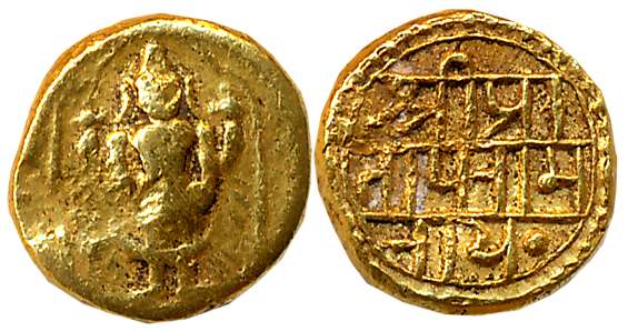 Vijaynagar Empire, Rama Raya, Gold Varaha- Hon, 2.89g, Obv: Lord Venkateshwara standing fa