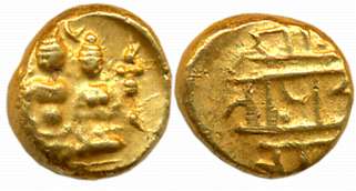 Vijaynagar Empire, Devaraya I, Gold Varaha- Hon, 3.41g, Obv: Lord Vishnu seated in Padmasa