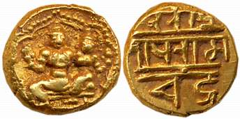 Vijaynagar Empire, Sri Ramachandra, Gold Varaha- Hon, 3.38g, Obv: Lord Narayana and Goddes