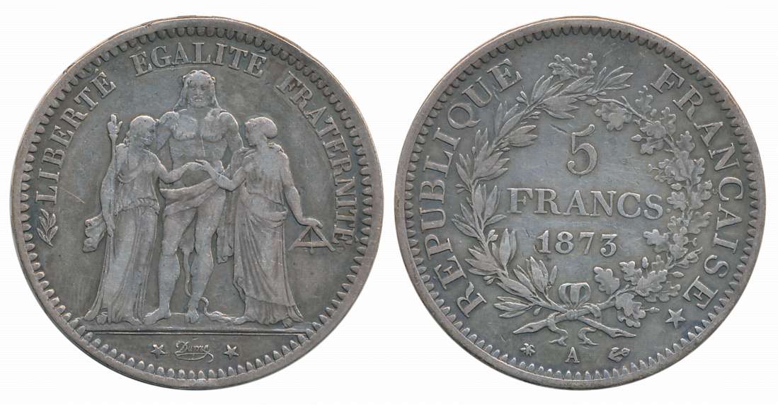France Republic, Silver 5 Francs, 24.79g, 1873, Paris Mint, Obv: Denomination and date wit