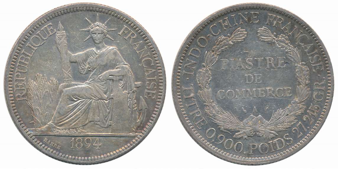 French Indochina, Silver 1 Piastre, 27.12g, 1894, Obv: Marianne seated left with fasces, d