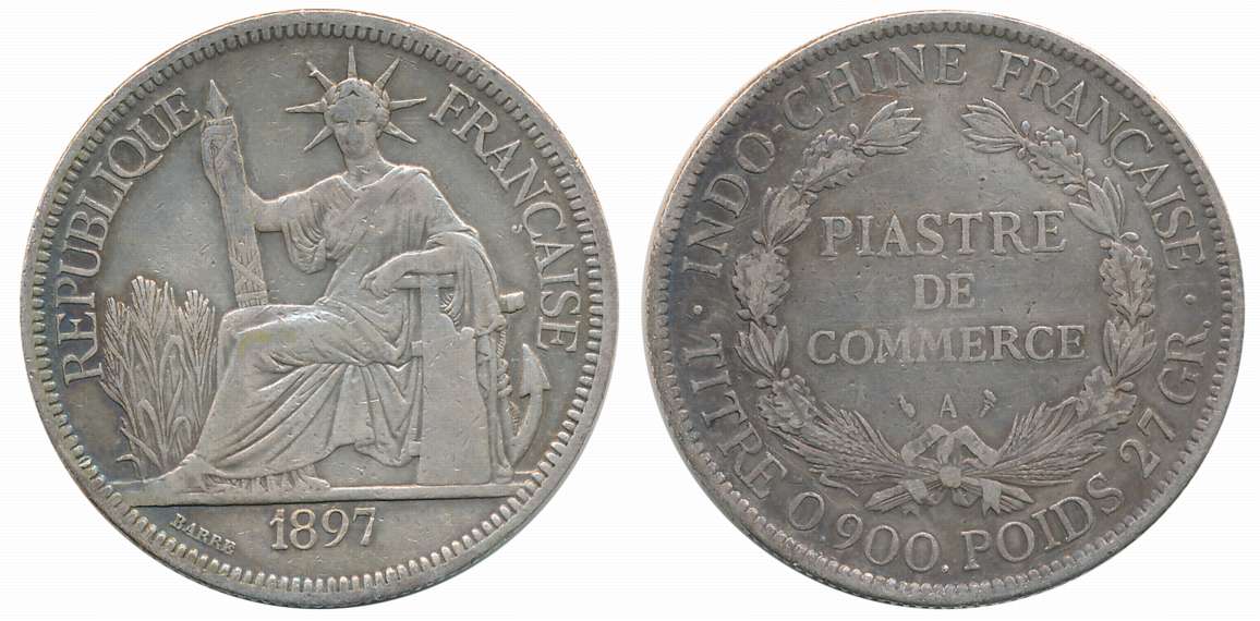 French Indochina, Silver 1 Piastre, 26.73g,1897, Obv: Marianne seated left with fasces, da