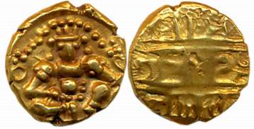 Vijaynagar Empire, Krishnadevaraya, Gold Varaha- Hon, 3.38g, Obv: Seated Lord Balakrishna 