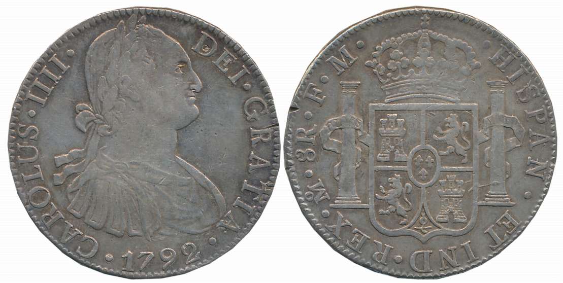 Mexico, Charles IV, Silver 8 Reales, 26.86g, 1792, Obv: Bust facing right, Rev: Hispanic a