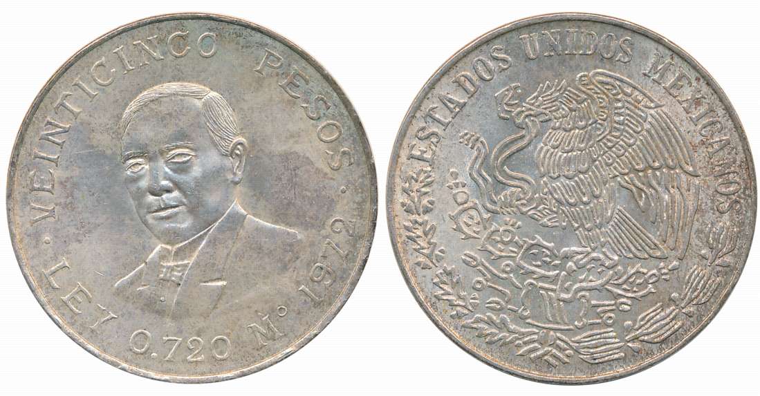 Mexico Republic, Silver 25 Pesos, 22.61g, “Centenary of the Death of Benito Juarez”, 1972,