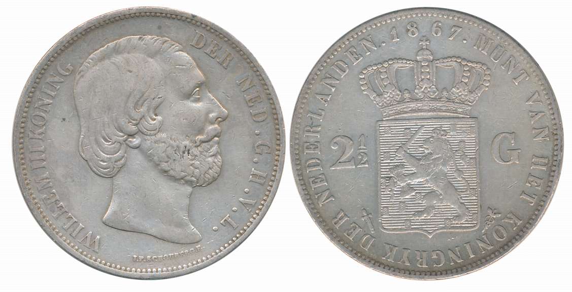 Netherlands, William III, Silver 2 1/2 Gulden, 24.88g, 1867, Obv: King Willem III facing r
