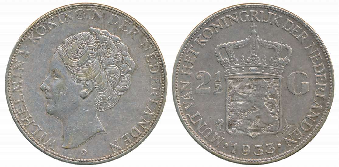 Netherlands, Queen Wilhelmina, Silver 2 1/2 Gulden, 24.94g, 1933, Royal Dutch Mint, Obv: T