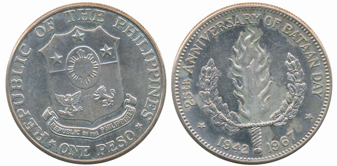 Philippines Republic, Silver 1 Peso, 27.00g, “25th Anniversary of Bataan Day”, 1967, San F